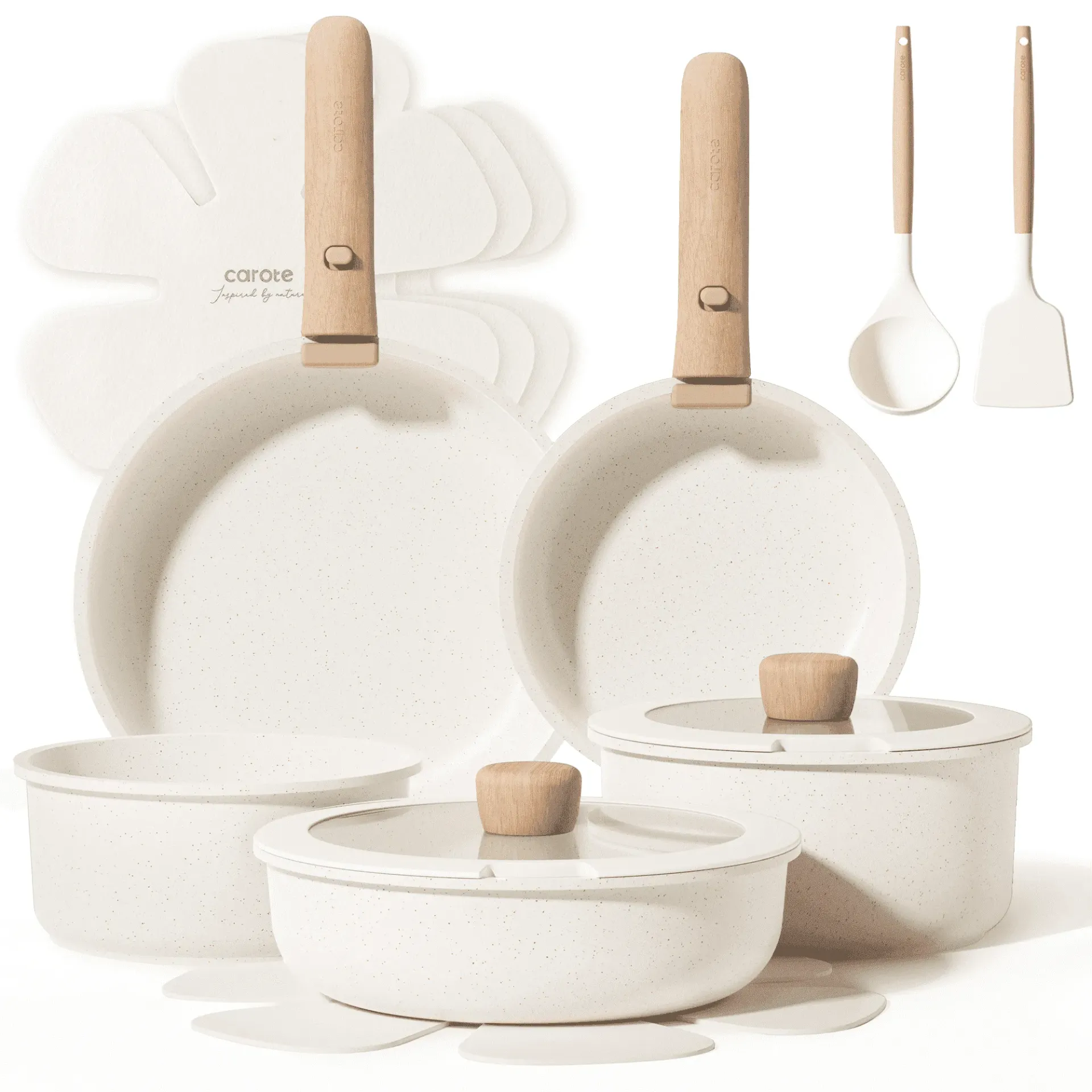 Carote 15 Pcs Nonstick Cookware Sets, Granite Non Stick Pots and Pans with Removable Handles, Oven Safe, Induction Compatible, Cream White