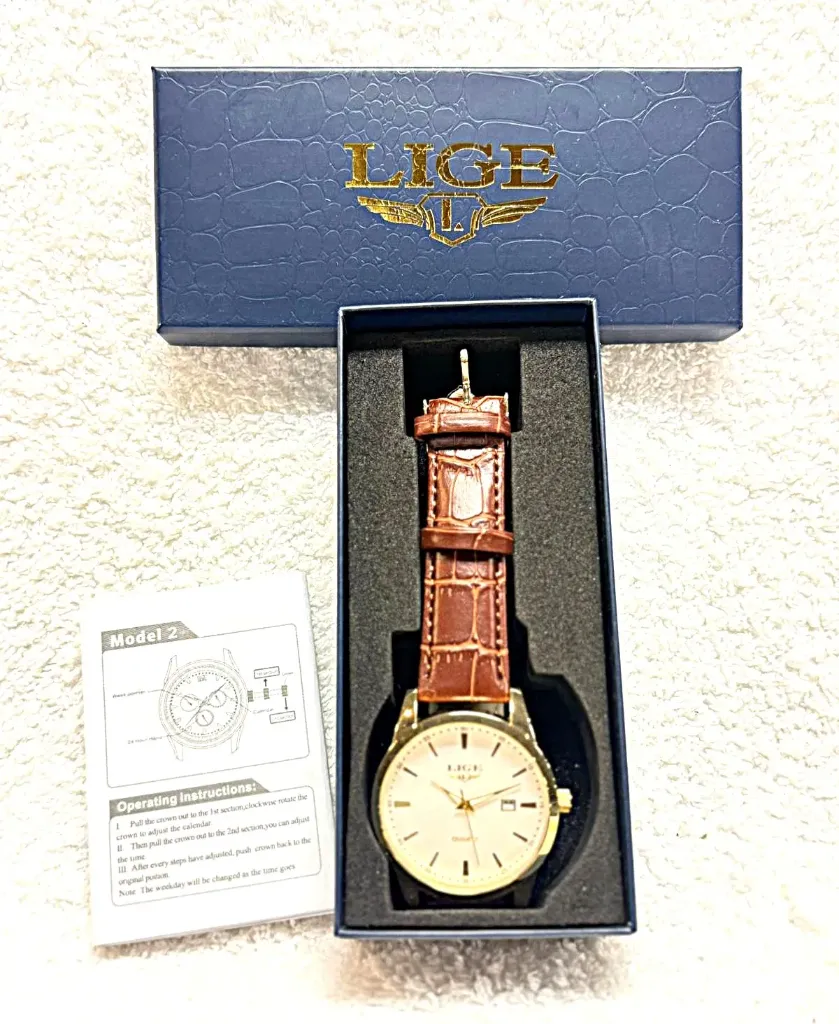 LIGE men's watch with a brown leather strap and a white dial. 